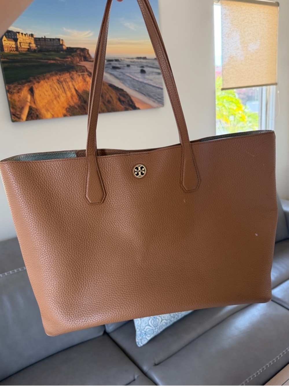 Tory Burch Chestnut Pebbled Leather Tote with Gold Logo